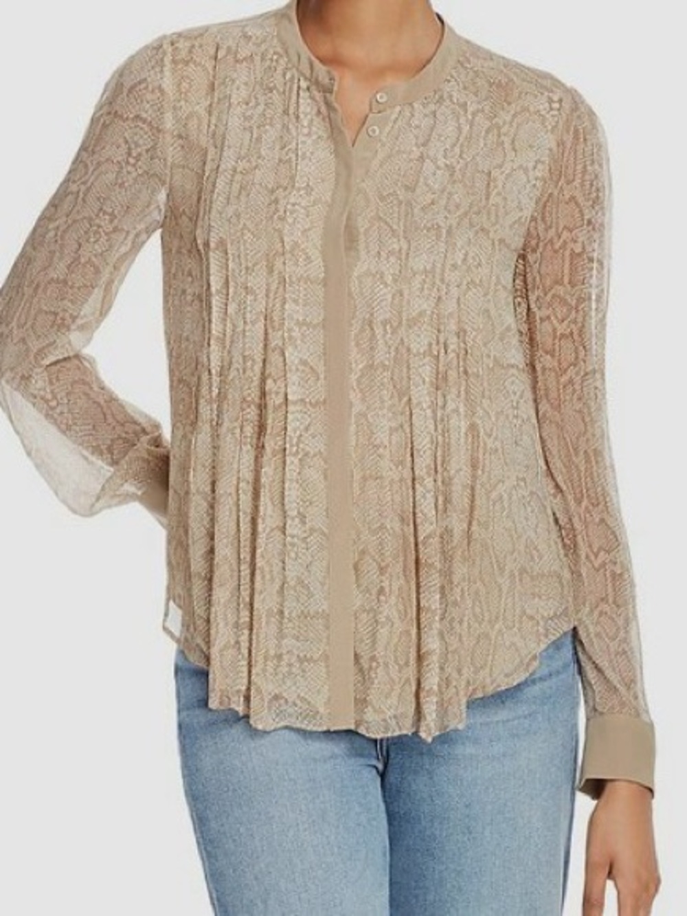 Joie Beige Sheer Pleated Silk Snake-Print Button Front Blouse
